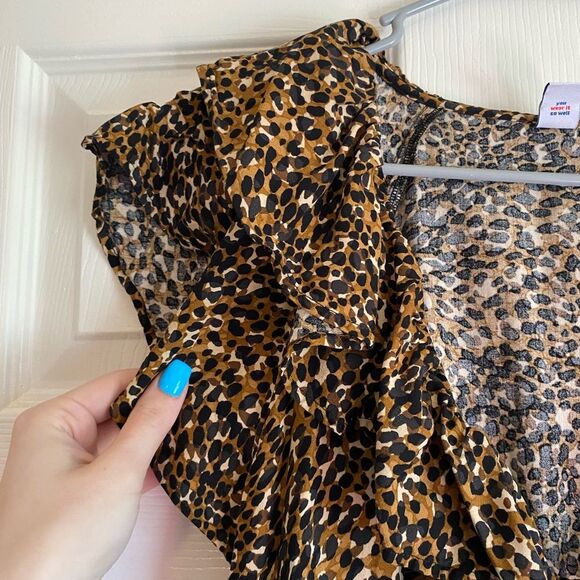 Old Navy large black brown Wasit defined ruffle trim mini dress cheetah animal - Picture 4 of 10